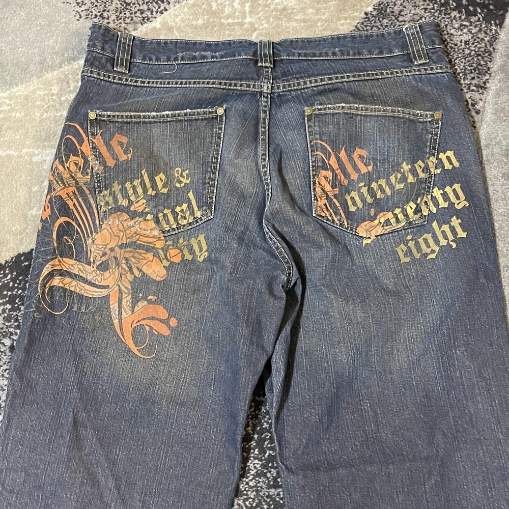 Pelle Pelle Jeans Men 38x32 Blue Baggy Marc Buchanan Wide Leg Denim Embroidered